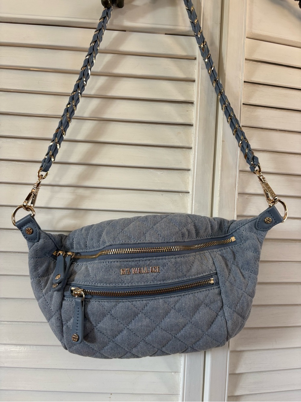 MZ Wallace Quilted Light Blue Crossbody Belt Bag with Gold Hardware - Picture 2 of 11